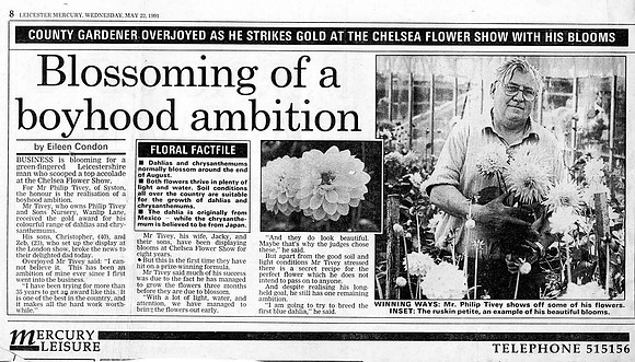Leicester Murcury on the nursery's achievement of winning a gold medal at Chelsea Wed 22-05-91
